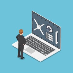 Flat 3d isometric businessman standing with laptop and security door on monitor. Personal data security concept.