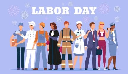 Happy labor day poster with people workers in profession uniform. International job work holiday. Diverse characters employee vector banner. Illustration of labor worker day